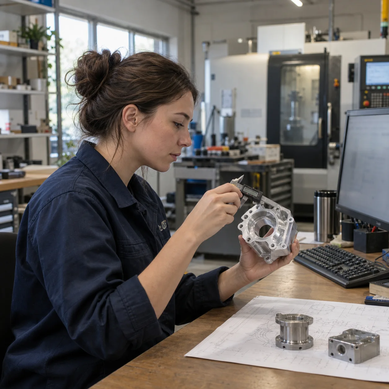 Engineers Engineer working with CAD designs and precision CNC-machined parts