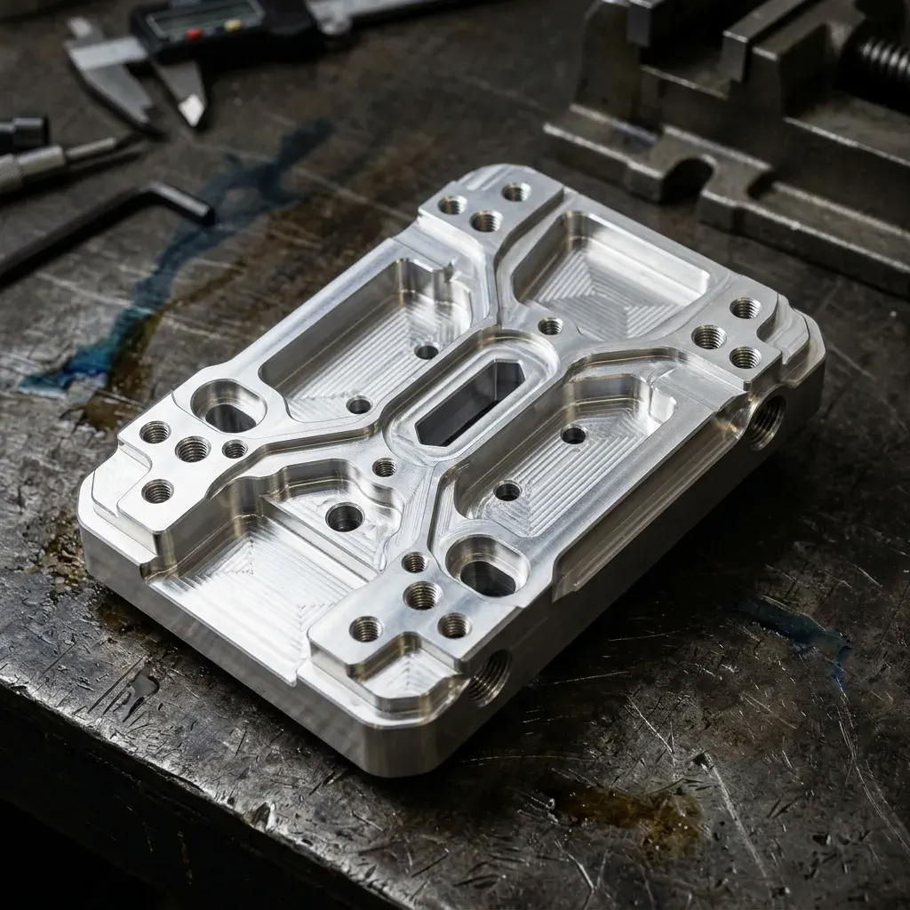 A completed precision-machined aluminum prototype on an inspection bench