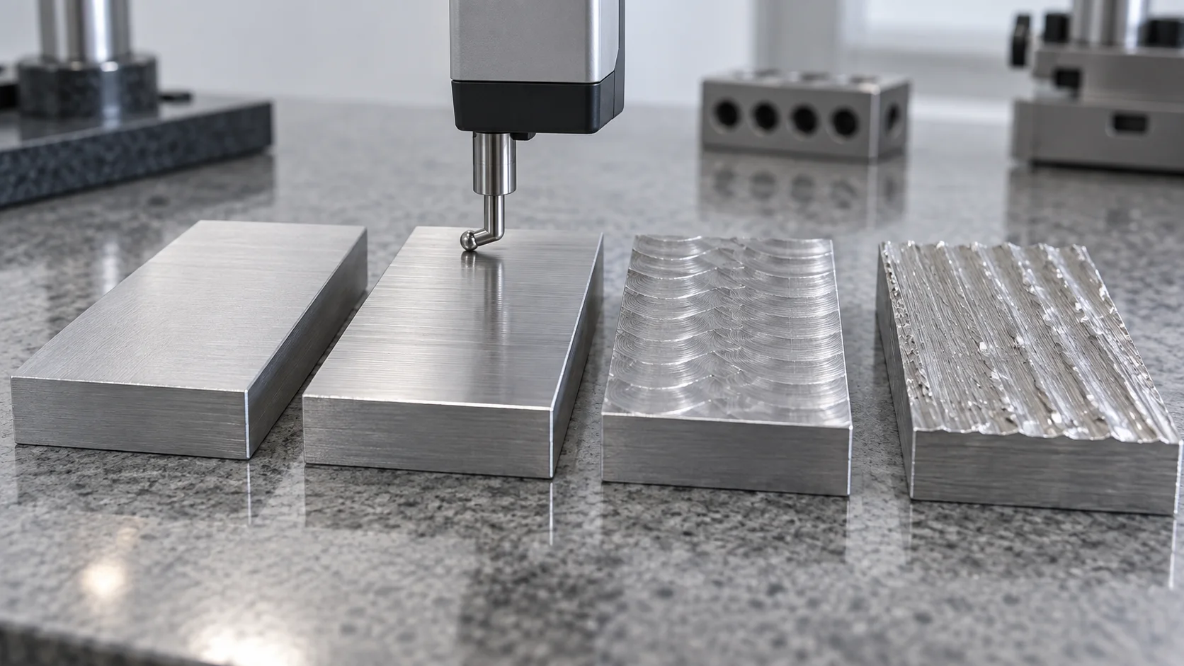 Four aluminum samples with progressively different machined surface textures