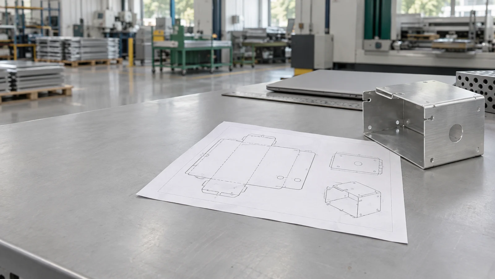 Sheet metal flat-pattern drawing beside its formed enclosure