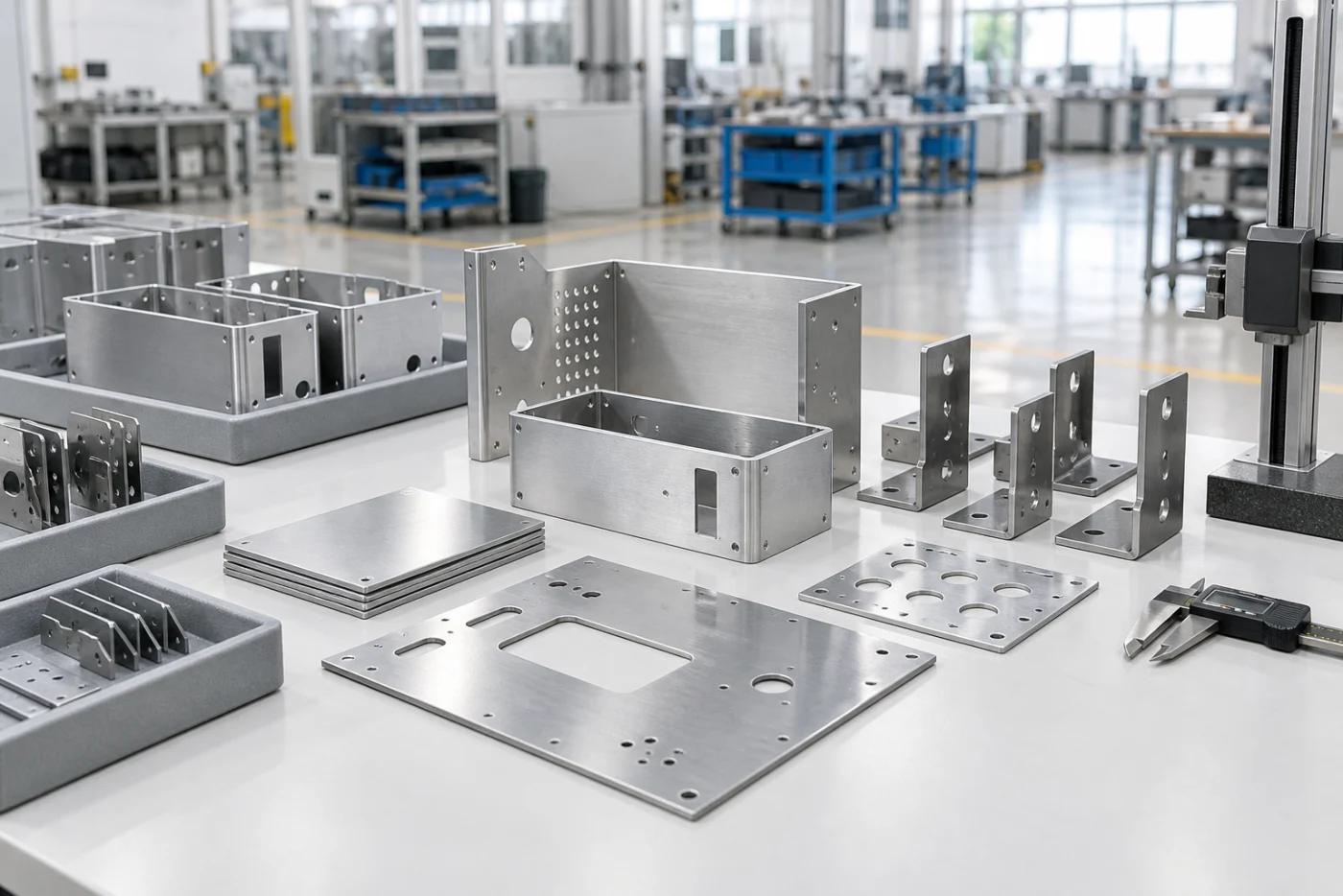 Finished sheet metal enclosures and brackets arranged for inspection